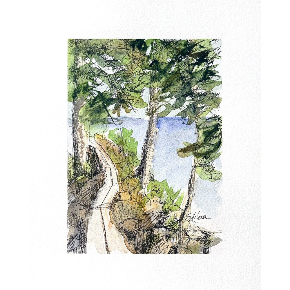 8x10 Maine Original Watercolor Ink Acadia Jordan Pond Boardwalk Lake Art Signed